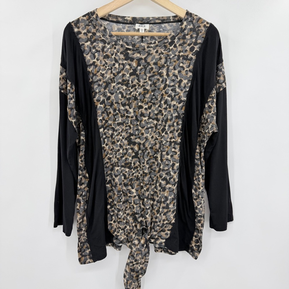 BKE Womens XXL Leopard Animal Print Front‎ Tie Long Sleeve Contrast Top Black
